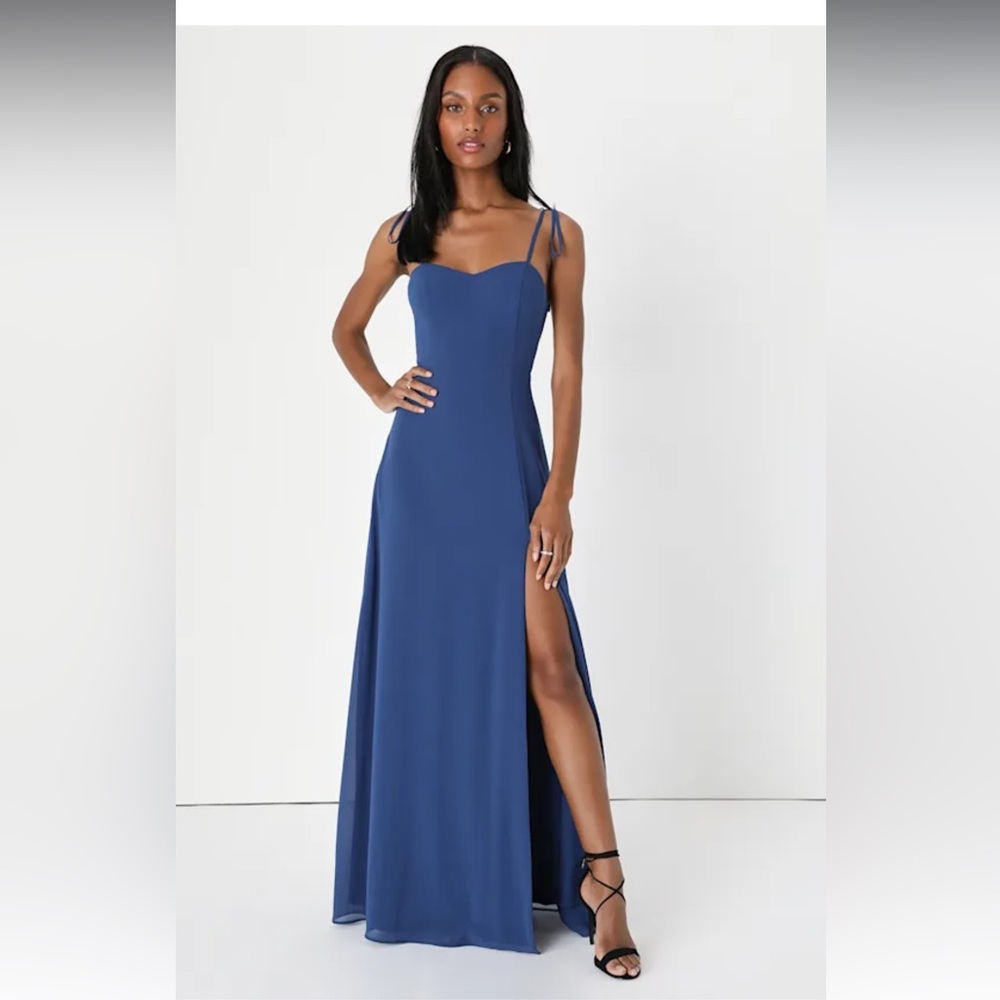 Lulu's Darling Devotion Dark Blue Tie-Strap Maxi Dress
